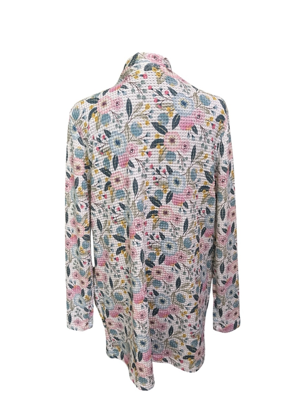 Boutique Floral Waffle Knit Open Front Cardigan One Size Lightweight Stretchy - Picture 2 of 7